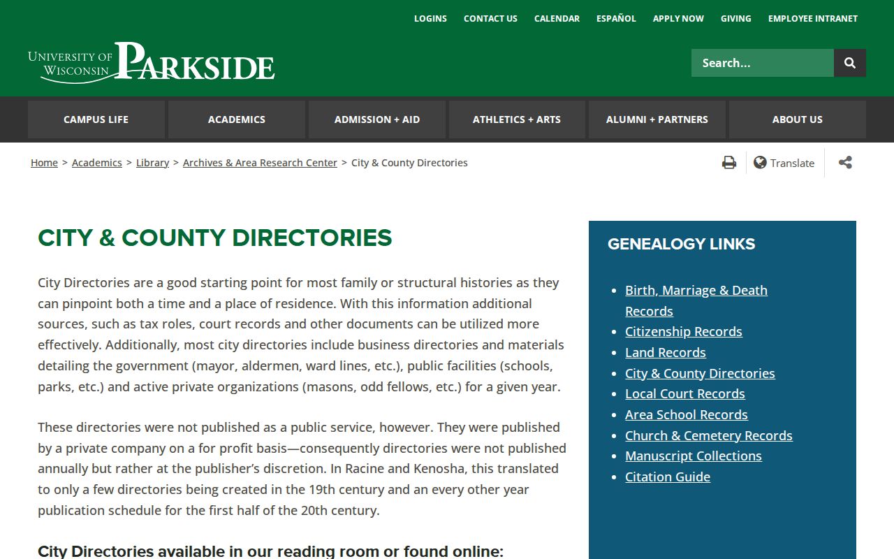 Kenosha city directory collection years at UW-Parkside