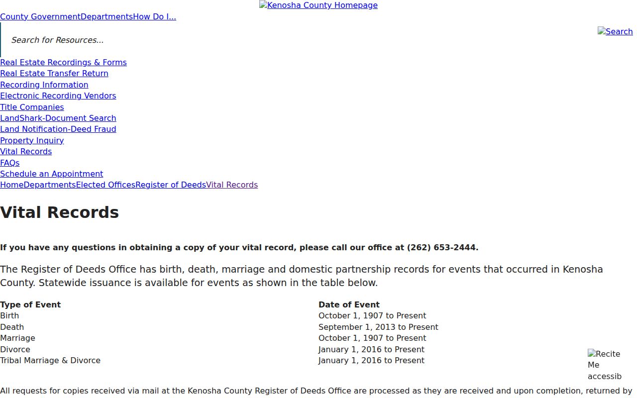 Kenosha residents directory vital records access