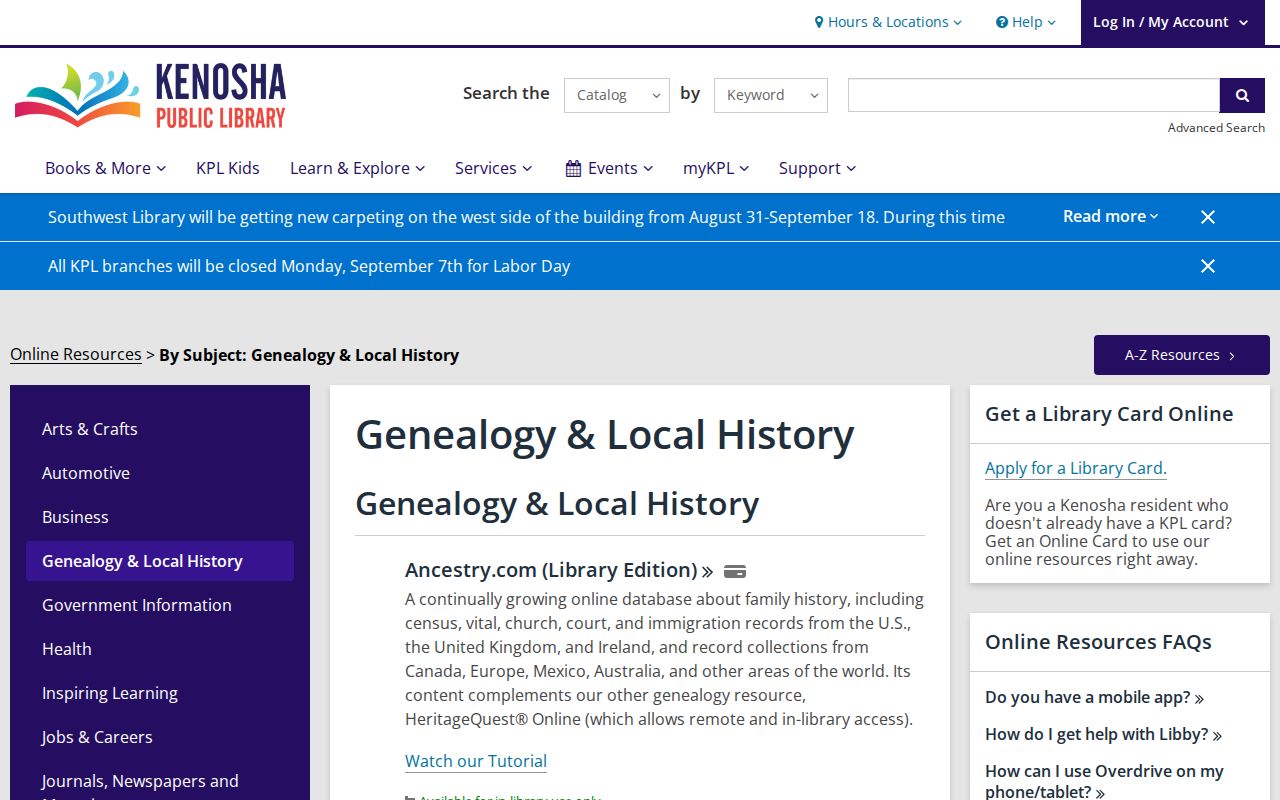 Kenosha residents directory library genealogy resources