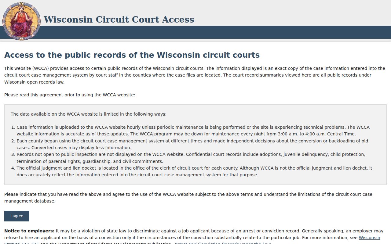 Wisconsin Circuit Court Access search screen for Kenosha resident records